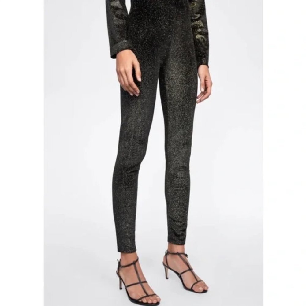 Zara Knit High Rise Black Metallic Pants Slit Leg Leggings